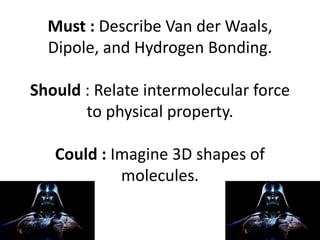 Must : Describe Van der Waals,
Dipole, and Hydrogen Bonding.
Should : Relate intermolecular force
to physical property.
Could : Imagine 3D shapes of
molecules.

 