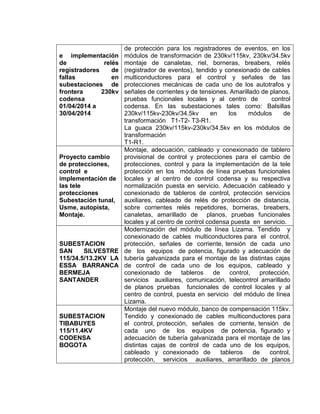 e implementación
de relés
registradores de
fallas en
subestaciones de
frontera 230kv
codensa
01/04/2014 a
30/04/2014
de protección para los registradores de eventos, en los
módulos de transformación de 230kv/115kv, 230kv/34.5kv
montaje de canaletas, riel, borneras, breabers, relés
(registrador de eventos), tendido y conexionado de cables
multiconductores para el control y señales de las
protecciones mecánicas de cada uno de los autotrafos y
señales de corrientes y de tensiones. Amarillado de planos,
pruebas funcionales locales y al centro de control
codensa. En las subestaciones tales como: Balsillas
230kv/115kv-230kv/34.5kv en los módulos de
transformación T1-T2- T3-R1.
La guaca 230kv/115kv-230kv/34.5kv en los módulos de
transformación
T1-R1.
Proyecto cambio
de protecciones,
control e
implementación de
las tele
protecciones
Subestación tunal,
Usme, autopista,
Montaje.
Montaje, adecuación, cableado y conexionado de tablero
provisional de control y protecciones para el cambio de
protecciones, control y para la implementación de la tele
protección en los módulos de línea pruebas funcionales
locales y al centro de control codensa y su respectiva
normalización puesta en servicio. Adecuación cableado y
conexionado de tableros de control, protección servicios
auxiliares, cableado de relés de protección de distancia,
sobre corrientes relés repetidores, borneras, breabers,
canaletas, amarillado de planos, pruebas funcionales
locales y al centro de control codensa puesta en servicio.
SUBESTACION
SAN SILVESTRE
115/34.5/13.2KV LA
ESSA BARRANCA
BERMEJA
SANTANDER
Modernización del módulo de línea Lizama. Tendido y
conexionado de cables multiconductores para el control,
protección, señales de corriente, tensión de cada uno
de los equipos de potencia, figurado y adecuación de
tubería galvanizada para el montaje de las distintas cajas
de control de cada uno de los equipos, cableado y
conexionado de tableros de control, protección,
servicios auxiliares, comunicación, telecontrol amarillado
de planos pruebas funcionales de control locales y al
centro de control, puesta en servicio del módulo de línea
Lizama.
SUBESTACION
TIBABUYES
115/11.4KV
CODENSA
BOGOTA
Montaje del nuevo módulo, banco de compensación 115kv.
Tendido y conexionado de cables multiconductores para
el control, protección, señales de corriente, tensión de
cada uno de los equipos de potencia, figurado y
adecuación de tubería galvanizada para el montaje de las
distintas cajas de control de cada uno de los equipos,
cableado y conexionado de tableros de control,
protección, servicios auxiliares, amarillado de planos
 