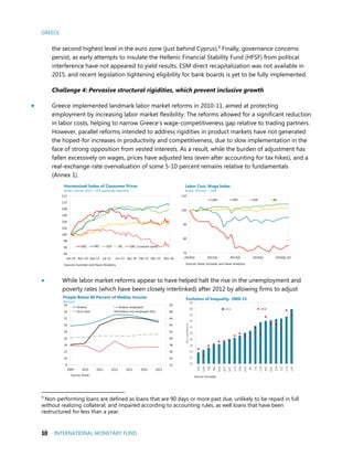 GREECE
10 INTERNATIONAL MONETARY FUND
the second highest level in the euro zone (just behind Cyprus).9 Finally, governance concerns
persist, as early attempts to insulate the Hellenic Financial Stability Fund (HFSF) from political
interference have not appeared to yield results, ESM direct recapitalization was not available in
2015, and recent legislation tightening eligibility for bank boards is yet to be fully implemented.
Challenge 4: Pervasive structural rigidities, which prevent inclusive growth
 Greece implemented landmark labor market reforms in 2010-11, aimed at protecting
employment by increasing labor market flexibility. The reforms allowed for a significant reduction
in labor costs, helping to narrow Greece’s wage-competitiveness gap relative to trading partners.
However, parallel reforms intended to address rigidities in product markets have not generated
the hoped-for increases in productivity and competitiveness, due to slow implementation in the
face of strong opposition from vested interests. As a result, while the burden of adjustment has
fallen excessively on wages, prices have adjusted less (even after accounting for tax hikes), and a
real-exchange-rate overvaluation of some 5-10 percent remains relative to fundamentals
(Annex 1).
 While labor market reforms appear to have helped halt the rise in the unemployment and
poverty rates (which have been closely interlinked) after 2012 by allowing firms to adjust
9
Non-performing loans are defined as loans that are 90 days or more past due, unlikely to be repaid in full
without realizing collateral, and impaired according to accounting rules, as well loans that have been
restructured for less than a year.
20
22
24
26
28
30
32
34
36
38
40
SVK
SVN
FIN
BEL
NLD
AUT
MLT
LUX
FRA
DEU
IRL
ITA
CYP
PRT
GRC
ESP
EST
LVA
LVA
Ginicoefficient
2015 2008
Source: Eurostat.
Evolution of Inequality, 2008-15
94
96
98
100
102
104
106
108
110
112
Jan-10 Nov-10 Sep-11 Jul-12 Jun-13 Apr-14 Feb-15 Dec-15 Nov-16
GRC PRT ESP IRL GRC (constant taxes)
Harmonized Index of Consumer Prices
(Index, January 2010 = 100; seasonally adjusted)
Sources: Eurostat; and Haver Analytics.
70
80
90
100
110
2010Q1 2011Q3 2013Q1 2014Q3 2016Q1
GRC PRT ESP IRL
Labor Cost, Wage Index
(Index, 2010:Q1 = 100)
Sources: Elstat; Eurostat; and Haver Analytics.
Q3
32
34
36
38
40
42
44
46
48
50
8
10
12
14
16
18
20
22
24
26
2009 2010 2011 2012 2013 2014 2015
Greece Greece-employed
Euro area Greece-not employed (rhs)
People Below 60 Percent of Median Income
(Percent)
Source: Elstat.
 