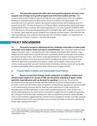 GREECE
INTERNATIONAL MONETARY FUND 15
12. The authorities agreed with staff’s short-term growth projections, but had a more
sanguine view of longer-term growth prospects and of the fiscal outlook and risks. They
concurred that growth is likely to rebound strongly this year, supported by a return of confidence
following an expected solution to debt and the inclusion of Greece in the QE program. The
authorities had more optimistic medium-term growth projections than staff (averaging close to 3
percent during 2017-19), also on account of confidence effects, notwithstanding significantly higher
projected fiscal primary surpluses, which they expected at 0.7, 2.0, and 3.5 percent of GDP for 2016-
18. In the long run, they expected potential growth to be higher than staff’s projection, at around 1½
to 2 percent, given expected growth dividends from ongoing structural reforms. The authorities saw
risks more balanced, and considered that downside risks are linked to delays in an agreement on
debt relief and in Greece’s inclusion in the ECB’s QE program.
POLICY DISCUSSIONS
13. Discussions focused on addressing the four challenges noted above to repair public
and private sector balance sheets and restore competitiveness. There was broad agreement that
progress has been made in reinvigorating the reform agenda since August 2015. However, it was
recognized that impediments to growth and fiscal sustainability remain, posing risks to the outlook.
Discussions focused on four main themes: (i) the appropriateness of medium-and long-term fiscal
targets and the policy mix; (ii) fiscal structural reforms to address tax evasion; (iii) financial sector
reforms to repair bank and private sector balance sheets; and (iv) growth-enhancing structural
reforms. It was agreed that even with implementation of ambitious reforms, Greece will not be able
to restore sustainability without significant debt relief from its European partners.
A. Toward More Credible and Sustainable Fiscal Policies
14. Greece’s current fiscal strategy remains anchored in an ambitious medium-term
primary surplus target of 3½ percent of GDP, but the policies underlying it appear unduly
optimistic, especially given pent-up demands for spending. In particular, the authorities’
assumptions about the yield of recently legislated measures and about revenue buoyancy seem
excessive, and the assumed further sharp compression of discretionary spending of 2 percent of GDP
is not underpinned by structural reforms. Reaching and sustaining such a high surplus for an
extended period will be challenging, in view of pent-up spending pressures, some of which are
already materializing (e.g. the recent bonus to pensioners, budget overruns in healthcare spending,
etc.), and given that double-digit unemployment rates are expected to persist for several decades.
Cross-country evidence suggests that few countries having managed to maintain such high surpluses
for extended periods of time, and even fewer (one in Europe) have done so while also experiencing
double digit unemployment rates.15
15
Since 1945, only five euro-area countries have ever been able to maintain an average primary balance higher
than 1.5 percent of GDP for a period longer than 10 years, and only one (Italy) in the context of double digit
unemployment rates.
 