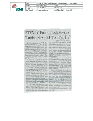 PTPN IV Patok Produktivitas Tandan Sawit 21 Ton Per Ha