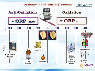 Bottled
Purified
R.O.
Distilled
Water
Vitamin C
-400 -300 -200 -100 0 100 200 300 400
KANGEN™
WATER
Green Tea
Tap Water
Cod
Liver Oil
Sports Drinks
 