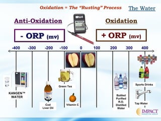 Bottled
Purified
R.O.
Distilled
Water
Vitamin C
-400 -300 -200 -100 0 100 200 300 400
KANGEN™
WATER
Green Tea
Tap Water
Cod
Liver Oil
Sports Drinks
 