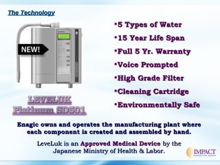 The TechnologyThe Technology
Enagic owns and operates the manufacturing plant whereEnagic owns and operates the manufacturing plant where
each component is created and assembled by hand.each component is created and assembled by hand.
LeveLuk is anLeveLuk is an Approved Medical DeviceApproved Medical Device by theby the
Japanese Ministry of Health & Labor.Japanese Ministry of Health & Labor.
•5 Types of Water5 Types of Water
•15 Year Life Span15 Year Life Span
•Full 5 Yr. WarrantyFull 5 Yr. Warranty
•Voice PromptedVoice Prompted
•High Grade FilterHigh Grade Filter
•Cleaning CartridgeCleaning Cartridge
•Environmentally SafeEnvironmentally Safe
 
