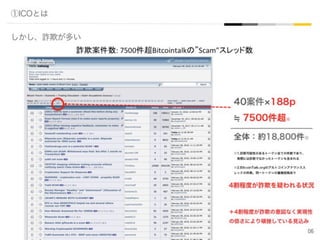 ①ICOとは
しかし、詐欺が多い
詐欺案件数:	7500件超Bitcointalkの”Scam”スレッド数	
06
40案件 188p
7500件超※
4割程度が詐欺を疑われる状況
全体：約18,800件※
※1.詐欺可能性のあるトークン全ての件数であり、
 実際には詐欺でなかったトークンも含まれる
※2.BitcoinTalk.orgのアルトコインアナウンスス
レッドの件数。同一トークンの重複投稿あり
＋4割程度が詐欺の意図なく実現性
の低さにより頓挫している見込み
 
