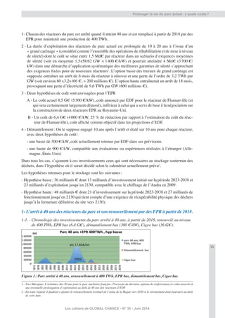 55
Les cahiers de GLOBAL CHANCE - N° 35 - Juin 2014
Prolonger la vie du parc actuel: à quels coûts?
1- Chacun des réacteurs du parc est arrêté quand il atteint 40 ans et est remplacé à partir de 2018 par des
EPR pour maintenir une production de 400 TWh.
2 - La durée d’exploitation des réacteurs du parc actuel est prolongée de 10 à 20 ans à l’issue d’un
« grand carénage » (considéré comme l’ensemble des opérations de réhabilitation et de mise à niveau
de sûreté) dont le coût se situe entre 1,5 Md€ par réacteur dans un scénario d’exigences moyennes
de sûreté (soit en moyenne 1,5x58/62 GW = 1400 €/kW) et pourrait atteindre 4 Md€ (3700 €/
kW) dans une démarche d’application systématique des meilleures garanties de sûreté s’approchant
des exigences ﬁxées pour de nouveaux réacteurs1
. L’option basse des travaux de grand carénage est
supposée entraîner un arrêt de 6 mois du réacteur à rénover et une perte de l’ordre de 3,2 TWh par
GW (soit environ 60 x3,2x106 €. = 200 millions €). L’option haute entraînerait un arrêt de 18 mois,
provoquant une perte d’électricité de 9,6 TWh par GW (600 millions €).
3 - Deux hypothèses de coût sont envisagées pour l’EPR
A - Le coût actuel 8,5 G€ (5300 €/kW), coût annoncé par EDF pour le réacteur de Flamanville (et
qui sera certainement largement dépassé), inférieur à celui qui a servi de base à la négociation sur
la construction de deux réacteurs EPR au Royaume-Uni.
B - Un coût de 6,4 G€ (4000 €/kW, 25 % de réduction par rapport à l’estimation du coût du réac-
teur de Flamanville), coût afﬁché comme objectif dans les projections d’EDF.
4 - Démantèlement: On le suppose engagé 10 ans après l’arrêt et étalé sur 10 ans pour chaque réacteur,
avec deux hypothèses de coût:
- une basse de 300 €/kW, coût actuellement retenue par EDF dans ses prévisions.
- une haute de 900 €/kW, compatible aux évaluations ou expériences réalisées à l’étranger (Alle-
magne, États-Unis)
Dans tous les cas, s’ajoutent à ces investissements ceux qui sont nécessaires au stockage souterrain des
déchets, dans l’hypothèse où il serait décidé selon le calendrier actuellement prévu2
.
Les hypothèses retenues pour le stockage sont les suivantes:
- Hypothèse basse: 36 milliards € dont 13 milliards d’investissement initial sur la période 2023-2038 et
23 milliards d’exploitation jusqu’en 2130, compatible avec le chiffrage de l’Andra en 2009.
- Hypothèse haute: 48 milliards € dont 21 d’investissement sur la période 2023-2038 et 27 milliards de
fonctionnement jusqu’en 2130 qui tient compte d’une exigence de récupérabilité physique des déchets
jusqu’à la fermeture déﬁnitive du site vers 2130):
1- L’arrêt à 40 ans des réacteurs du parc et son renouvellement par des EPR à partir de 2018.
1-1. - Chronologie des investissements du parc arrêté à 40 ans, à partir de 2018, renouvelé au niveau
de 400 TWh, EPR bas (6,4 G€), démantèlement bas (300 €/kW), Cigeo bas (36 G€).
Figure 1: Parc arrêté à 40 ans, renouvellement à 400 TWh, EPR bas, démantèlement bas, Cigeo bas
1 - Yves Marignac, L’échéance des 40 ans pour le parc nucléaire français: Processus de décision, options de renforcement et coûts associés à
une éventuelle prolongation d’exploitation au-delà de 40 ans des réacteurs d’EDF
2 - En toute rigueur il faudrait y ajouter le renouvellement éventuel de l’usine de la Hague vers 2030 si le retraitement était poursuivi au-delà
de cette date.
 