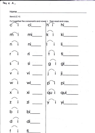 Pa^1   I     Ar


           Blend {C-V}

           Put tooether the consonqnts   ond   i.   Then reod ond copy-
                                               .,A.r.
                                               hI
                          aa

           CICI                                                hI
                                               ,,A.
           mr
            /.
                                               ki              ki
                                               ,.A.
            ,r^,

           NI
                      a

                                               ti              li

            .n*
           rI                                   ti
                                                 ^             ti
            n.
           SI                                   gr   -         gt
            ,,A.
           VI                                            I
                      a                                  a     aa

                                                              Jl



           wl         t                        ,n"
                                               pl              pi
                                                 ,,Ar
                          l                    qu i qut

                                               Ytyt
                                                         a.
                      I

            ,^-
           bi                  bi
               ,^*"
           di                  di

                               fi
 