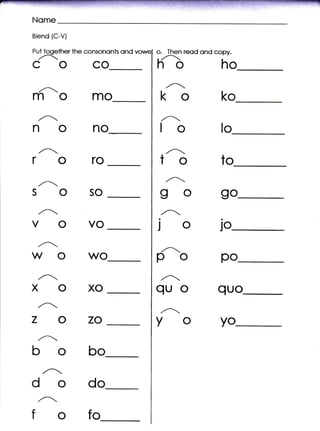 Nome
Blend {C-V}

Put tooether the consononts   ond   o. ![en reod cnd copy.
 /d..
COCO                                rit                ho
                                         /^-
momo
 ,/.
                                     ko                ko

nono                                 lo               lo
 ,,A-
roro                                 to  ,^-
                                                      to
                                         ,,A-
soso                                 go               go
 ,^.
VOVO                                a


                                    JOJO
                                                      a




 ,Ar
wowo                                po  ,A..
                                                      po
 ,,A.
XOXO                                quo               quo

zozo                                Yo
                                        ,^.
                                                      yo

b obo

   odo
fofo
 