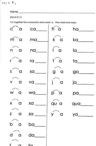Pay 3   sI

    Nome
    Blend {C-V}

    Put together the consononts ond   vowel   o.   Then reod ond copy.


    ccco*.1'
                                              ftho
     ,,n.
    momo                                       ko                  ko
        ,,A-                                   ,A-
    ncno                                       lo                  lo
        ,^                                         ,A.
    rCIro                                      to                 to

    sgso                                       go                 go
        ,,A.                                   ,.Ar
    VOVO                                      jo                  jo
        ,,At
    wowo                                      po                  po
                                              ,,A.
    XCIXO                                     qUCI                guo
        ,r
    zozo                                      ,.A-
                                              Yo                  yo
        ,'^t.


    b obo
           ,_
    ,Codo
        ,,A..
    f            l^r   #r^r
 