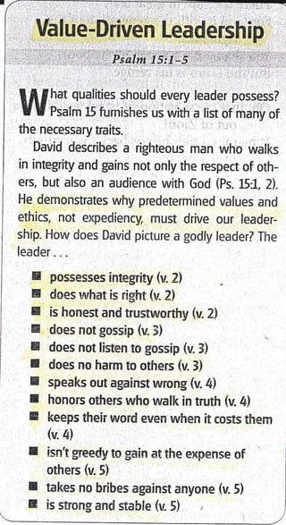 w i::, #il,;:;;l"":li1:Iil :.;iX,P;:ff :1
the nbcessary traits.
David describes a righteous man who walks
in integrity and gains not only the respect of oth-
ers, but also an audience with God (ps. 15:1, 2)^
He demonstrates why predetermined values and
ethics, not expediency, must drive our leader-
ship. How does David picture a godly leader? The
leader. . .
E possesses integrity (v.2)
I does what is right (v. 2)
E is honest and trustworthy (v.2)
E does notgossip (v.3)
E does not listen to gossip (v. j)
r does no harm to others (v.3)
r speaks out against wrong (v.4)
r honors others who walk in truth (v.4)
E keeps their word even when it costs them
(v.4)
r isnt greedy to gain at the erpense of
others (v. 5)
I takes no bribes against anyone (v- 5)
! is strong and stable (v. 5)
 