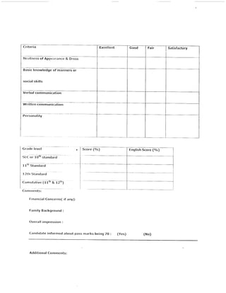 Criteria
Neatness of Appe.:rance & Dress
Basic knowledge of manners or
social skills
Verbal communication
Written communication
Personality
Grade level
SLC or l oti' standaid
11ir' Sanda;d
1 2l lr Standard
c""rutative litti' & t2,n1
Comrnents:
Financial Concerns( if any):
Family Background :
Overall impression :
Candidate informed about pass marks being 7O : (Yes) (No)
Excellent Satisfactory
Score (o/o) English Score (o/o)
Additional Comments:
 