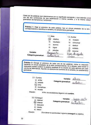 (cada par de patabras que relac¡onemls-

?or

su sígn¡f¡cado semejante, y que
además clruü

fj.n,;L1n,Tj,iff [:,,*.¿o;,;ni,9,1";;;;;1,,H,,ffi

variabre,y.,_r,*mismacatesm

Práctica l: Elige et sinónimo
de cada. patabra; haz un círculo
alrededor de la letia
co'espondiente e identifica ra varianiá
yu

"áiácüri;i;;"raticar.

1.1. Meta
objetivo
b)
c)

alumno

d)

lograr

e)

Variable:

resultado

estudiar
!

Categoría gramatical:

::t

1.2. Auxiliar

a)
b)
c)
d)

@

invasión
comunicar

destruir
sotdado
socorrer

Itrn '& *t "l*
Ubtl -

t,:fm:f :* É..r"

iente s i ro
respuesta 11:r: sustituir ra paraoia
Bffi
puedes
:::f J, ,IJá'L;i'J: deseas, pa ra busca r h
.
ierrñáiJ :r-" 19
Apuntá á i" ¿"r".n, ni noroü;;
ra variabre y ra característica
;ir1"i1,:T.alternativas'

2.1. Cumbre
a) arriba
b) posada

ffi

:ff:t;,i?jfl ?::.gf

Variable:
Categoría

gramaticat:

cima

á f,Snht

*c:

d) montañoso
e) escalar

Oración:

Alfin, los escaladores llegaron a la
cumbre.

2.2. Conseguir

a)

@
c)
d)
e)

Oración:

22

detener
obtener
descubrir
interés
bisturí

Variable:
Categoría gramaticat:

Si le dieran ta oportunidad,
lograría conseguir su objetivo.

 