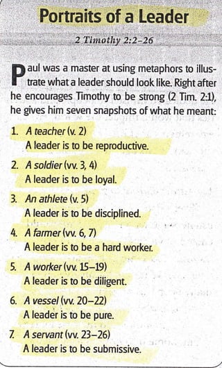 f,) aul was a master at using metaphors to illus-
l- trate what a leader should look like. Right after
he encourages limothy to be strong (2 Tim. 2:0,
he gives him seven snapshots of what he meant:
L. Ateacher(v.2)
A leader is to be reproductive.
2. A soldier(w.3,4)
A leader is to be loyal.
3. An athlete(u.5)
A leader is to be disciplined.
4. Afarmer(w.6,71
A leader is to be a hard worker.
5. Aworker(w.L5-L9)
A leader is to be diligent.
6. Avessellw.20-22)
A leader is to be pure.
7. Aservantlw.2S-26)
A leader is to be submissive.
 