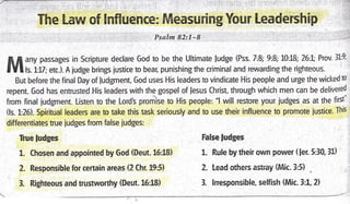 The l-aw of lnfluence: Measulring Your Leadership '
Psalm 82:7-B'
frfl uny passages in Scripture declare God to be the Ultimate ludge (Pss. 7:8;9:8;1"0:18; 26:1; Prov. 31:9;
IUI ts. l.:17; etc.). A iudge brings lustice to bear, punishing the criminal and rewarding the righteous.
But before the final Day of ludgment, God uses His leaders to vindicate His people and urge the wicked to
repent. God has entrusted His leaders with the gospel of lesus Christ, through which men can be delivered
ftom final iudgment. Listen to the Lord's prornise to His people: "l will restore your judges as at the firstl
(ls. t26). Spiritual leaders are to take this task seriously and to use their influence to promote iustice" This
differentiates true judges from false iudges:
True ludges Ealse ludges
1. Chosen and appointed by God (Deut. 16:18) X. Rule by their own power (
ier. 5:30, 3tr)
2. Responsible for certain areas (2 Chr. 19:5) 2. Lead others astray (Mic. 3:5) .
3. Righteous and trustworthy (Deut. L6:1.8) 3. lrresponsible, selfish (Mic.3:1.2)
 