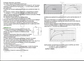 5) Colculer l'inductoncede lo bobine.
                           L
  6) a- Etoblirl'éguoTion  différentiellesotisfoilepor i.
     b- Losolution l'éguotiondifférentielle de la formai(t) = AeKl+8.
                     de                           est                            Donner
  l'expression  littérolede i(t) enfonctionde R, r , L et de lo tensio U6,
                                                                         n    délivrée
      legénérateur.                      i:'-'-:;:--:::l
  Par
  7) Colcufer retrouvergrophiguemery{fui.-ugleur constonte tempsr du
              puis                                        de lo          de
  circuif.                               Çt        .'')
  8) a- Exprimera l'instantt l'énergie  nii€ilétirye E; emmogosinéern;rbobine.
                                                                           lo
     b- Cslculer t' s 2 r le <touxde rempljbpo$y
                  s                                                             le
                                                         dela bobine,c'est-à-dire
  rcpport dal'énergiemognétigue      ennq1diifl.àor h bobine cefte dofe à l'énergie
                                                                   à
  moximole  qu'ellepaut   emmogosinée.   i,.::::-,_
  9) o- Ëxprimer tension
                    la       us(t)ouxborn4gde;..J9      bobine.                             6) Déduire représenfotions
                                                                                                      des                            jda
                                                                                                                        graphiques i(t), u6(t)et un(f)lesvoleurs r,
                                                                                                                                                                de
€ b- Trocer lo courbed'évolution      de qg(i)rtt-eburs temps.
                                                           du                               et L.                          /;;":':::::;.
o 10)Donner   l'allura lo courbe I'o'fi'obtierit'flroit lo voieA si l'onremploçait
                       de           gue                    sur                                                     à           pris'Ëomme
                                                                                            7) Onouvrel'interrupteur uninst(rtrt          origine dates.
                                                                                                                                                 des
  ls bobinepûr uneoutre dont l'inductoriôâ3ëî4il        deuxfois plusfoible.                Èepréserrler,sur grcphigue
                                                                                                           le         compohi'an! courbes us(t)et un(t),l'ollurede
                                                                                                                                   ]éi       de
  11)Onouvrôl'intêrrupteur Qu'observe
                                K.             t-oùhuxbornes l'interrupïeur
                                                                 de               ?                   courbe un(f).
                                                                                            lo nouvella      de
  Justifier lo réponse.  Quelleprécaulio$li<p{-{mentole       doit-on opérerpouréviter      8) Colculer
                                                                                                      l'énergie
                                                                                                              OissiieeW,     rtjouH oprè6fouverture l'interrupteur.
                                                                                                                                                     de
                                                                                                                                          I'ouverture l'interrupteur.
  cette observqtion.                                                                        9) Avac montage
                                                                                                   le                  "t{it-ii;auËopras
                                                                                                                      on                    en      vcrierles
                                                                                                             précédent, r'fu.lise expériences,fqisont
                                                                                                                                 trois
                                          i
                                          ri        :t
                                                         'l i


                                                                                            voleurs
                                                                                                  de Rou| : on obtient coùr6iï.ôriivqntes.r
                                                                                                                     les
   EXERCTCE    N"4:
-on   r f ermel'interrupf du montage
                         eur
        ferme l'interrupfeur montage      g/u{vônt-ùrlo t:0s.
                                                         date
      1) Indiquersur le schémo, bronÇ-hemenfs
                                  les                               ofin
                                                       à reoliser r l
   d'obtenir imoge l'intensité la ?ensiiiiil bornes -l
      btenir uneimooe   de            et lo ?eirs+ixiiaux              't l I
  du généroteur.
   2) Expliguar  quolitotivement l'ollure lc courbe
                                         de              i(t), en faisant
    râférencaou phénomène     physigue se manifeste
                                        gui                  donslo
   bobine lo fermaturede K.
            à
   3) Etoblir l'éguotion difléren'tiellesa'fisfoi$.à:por  l'intensiféi du couront
   donsfe circuità portir de l'instant t=0ÉodJ'oiriferme       l'interrupteur.
  4) a- Vériîier quelo solutionde l'éguotiirî'dlf{érentielles'écrit : i(t) : e(l-e'"t), A
   et o étont des constontes vousexilniç1.en foncfiondesgrondaurs
                              gue                                                                                          (::::'-"""
                                                                                                                           ' ' H ; , ' -. .
   caractérisTiques circuit.
                     du                                                                                                                                            '-T-
                                             "ii..:'r:::                                          grandeur  csracTéristigue L*iËaii ouR)onq modif pourobtenir
                                                                                                                          du                    iée
     b- A quoicorrespond constonte
                          la            Al::--'                                             Quelle                                 tU
   5) a- Exprimer, fonctionde lo consfiffif-g'de,temps dote t* ou boutde
                    an                                         r, lo                                > la courbano3 a portir dri.ënuçbe.;n"2
                                                                                                                                         ?                          
   loquef l'intensitédu courantest égale-!-kimditié, so voleuren régime
          le                                               de                                       > lq courbe a pcrtir du courbe ? 7
                                                                                                               nol                  no
   permonen-t.                                                                               Justificn lo réponse.                                                  ;-)
                                                                                                                                                                    U
   b-ÉG{"Mfq à l'aide lq courbe "],
                          de            de'i(i';'--1;"r;leur r.
                                                             de
                                                                                                                                                                    û
     (/)*1,-Ç.nu,"r",t.                    i'--'.'"'.'-.-.'.'"'.'-''*-'




                                            çi
 