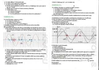 a- La vatreurefficace U de Ia tension u(t).                                                   Calculer le dephnsrye (çb - pi). En dédube î(t)
 b- La valew C de kt capacité du condcnsate.un
 c- La valeur R de la résistance du reslstor.
   B. On.fait varter ln pulsation w, pour une valeur o2, b déphasageentre uy@ et u(t) est
                                                                                               4à"efr'J{,Æ-aff5_"                               t
        (P*-P,) *ty'2rad^                                                                      Un ascàllateur étectrique est cons{uué des dipôles swivants:
   l',- Moffier que le circuît est à I'etat de résonarce d'intensité.                             Y Un résistor (R) ùe résisance R= 80 I
   ,6. Calauler dans ce cos :
                                                                                                  Y Une bobine ( B ) d'indactaneè L et de résistanee interne n
           a) Le f,aaeur ùc puissance.                                                            b Un çondensuew (Q de cqacîté C= 1l.5pF.
           b) Lefocteur de qualité,                                                              Y {Jn foneratear hassefréqaence impose arx bornes du circuit ilne ter}rion sinusoidale
           e) Y:æt-il unphénomàme de swtension aræ bornes ùu condensatuur ?                      u(t) *Urk sin(at+pw).
                                                                                               Un ascilloscope bicourhe permd de visualiser simultanément lostensions u@ et u*61.
&'ÀJr&Ç{€#3;
                                                                                               I) Schémûiser lb eircuit convenablc, en préclsa* les connæions avèc I'oscilloscope.
Un aircuit' ëlectrique aonqrafte en sériq :                                                    2) Poar une fréquence N du généraew. on observelcs cawbes,suivantes
    A Un rësistar de résistanceR                                                                 t Montrer que la cowrbe (1) cotrespond a up(t) alors
    à Un condensateur de capacité C.                                                           que la courbe (2) conesporul à u(t),
    * Une bobine d'inductance L et de résistance r.                                              b- Déterminer Ie dephasage,49 * gu - gi
L'ensemble est alimenté par un générateur dëliwaw una tension sînusoidale                        ole circuït est*il capcitif, rcsistif ou lnducrtf
u(t)z j64rt*(N-n/6).
Un vnpèrcmètre branché qt série dans'lc circuit îndique'ane intensltë du couraut I4!5A.
   I) On visuatse sut l'ëctan d'un oscïlbscope bieourbe, les tensions u(1) sur la voie(l) et
       ub($ aw bornæ de la bobine sur la voùe(2). On ohtiant I'oscillogratnme fu lafigure
       suivonte.




                                                                                                                                                                                                  'i!
                                                                                               3) Délerminer à partir du graphe.                                                                          "
                                                                                                                                                                                             t. ".'...-..-...'
                                                                                                 a- In phase initiale gi                                                                   !' ,/       ii
                                                                                                 b- L'intensitë moximale Im                                                                ii
                                                                                                                                                                                            't":"      ,'il
                                                                                                                                                                                                        ;
                                                                                                 c- l'æpression de t'intenshé instantanée i(t).                                                    -"-
                                                                                                 d- L'inpédance Z du cbcnit.
                                                                                               4)a- En ryliquant ta tai d,esmailles étabtir l'éqwtbn    elifférentieile regiss*1 1o ,ot:o{î*      ûi.-.||).i
                                                                                               i(t).                                                                                       ii
                                                                                               b- Nous avons fiacé en annwe deux construdions de Fresnel incomplètes (fry-a- a .frÈ*6!.-......
                                                                                                                                                                                       "--"'-"'-'i
                                                                                                Montre4 en lcJustîfi.ant, laquellc parmi ces furu consfiuctiow celle qui conespond à
                                                                                               l'équalîon decrivant le circuit-
                                                                                               c- Cottplaer la consttuction de Fresnel choisie en traçant, dons I'or*e saùvantet selan

                                                                                               l'échelle indiquee, les vecleurs de Frestæl représenlont ù(t),
                                                                                                                                                                lr
                                                                                                                                                                     J
                                                                                                                                                                         i (t ) d I   r-fr.rn
                                                                                                                                                                                            ax*
                                                                                               I'axe dephase)                                                   "
                                                                                                                                                                                           ,'.j     /"-,
                                                                                                d- déterminer r et L.
                                                                                                                                                                                           ll     il          li
                                                                                                                                                                                                        l-/
 