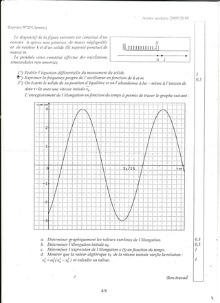 |-



                                                                                       ,,nncl.:
                                                                                              scolilirc ?()l)tj,'200
                                                                                                                  1

         r
     $ -1c cice I'f "2(4,5p oi.n )
                               ts

         Le disposittf de lo fgure slri.rrcu'rle cotlslilué d'un
                                              est
      ressctrl à spires non jointit'es, dc nrûsse négligeable                                  (
                                                                                               u
                                                                            722
                                                                            t,
      et de raideur k et d'un solide (S) supposéponctuel de
      ntasse n7.
         Le pendule ainsi constitué effectue des'oscillalions
      s ittr"ts
              oldale s no n amo r ties.

           l") Etablir l'équationdffirentielle du mouvement solide.
                                                            du                                                             I
           Q) Exprimer lafréquencepropre de l'oscillateur enfoncTionde k et m.                                             n5
           3") On écartele solidede sa position d'équilibreet on I'abandonneà lui - mêmeà I'insrantde
               date t:Os svec une vitesseinitiateÇ.
                 L'enregistrementde l'élongation enfonction du tempsà permis de tracer le graphe sufvant


                                 2




                                2




                                 c                                                1                          en




                             a. Déterminer graphiquementles valeurs extrêmes l'élongation.
                                                                                 de                                    tt'

                             b. Détertntiner  l'élongation initiale x6.                                                o5
                             c. Détermiher I 'expressionde l'élongation x (t) enfonction du temps.                     I


                             d. Montrer'que la vateur algébriquels de to'iftnsi, initiale vérifie Ia relation :
                              vto:al'o1x',,'-rt, et calculersavaleur.
                                               )                                                                       I




                                                                                                      (Bontraaaif


                                                               4/4
 