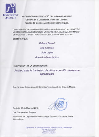 Certificado de participación en el I Congreso de Investigación del Grado de Maestro 