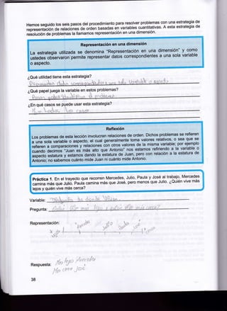 para resorver probremas con una estrategia de
Hemos seguido ros seis pasos der procedimiento
cuantitativas. A esta estrategia de
representación de relaciones de oiden básadas én variables
una dimensión'
rásolución de problemas la llamamos representación en

RePresentación en una dimensión

dimensión" y como
La estrategia utilizada se denomina "Representación en una una sola variable
observaron permite representar datos correspondientes a
ustedes
o aspecto.

¿Qué utilidad tiene esta estrategia?
estos problemas?
¿Qué papeljuega la variable en
esta estrategia?
¿En qué.casos se puede usar

Reflexión
orden' Dichos problemas se refieren
Los problemas de esta lecciÓn involucran relaciones de
relativos' o Sea que Se
a una sola variabte o aspecto, el cual generalmente toma valores variable; por ejemplo
otros varores de ra misma
refieren a comparaciones y reracioner
refiriendo a la variable o
cuando decimos "Juan es más alto que Antonio" nos estamos
con relación a la estatura de
aspecto estatura v á.irrná"¿*oo ta Isiatura.d" jy?1_?ero
Antonio'
Antonio; no sabemos cuánto mide Juan ni cuánto mide

J*

y José al trabajo' Mercedes
Práctica L En el trayecto que recorren Mercedes, Julio, Paula
pero menos que Julio' ¿Quién vive más
camina más que Julió. Paula camina más que José,
lejos y quién vive más cerca?
Variable:
Pregunta:

RepresentaciÓn:


.1":

,:
.:

itr

 