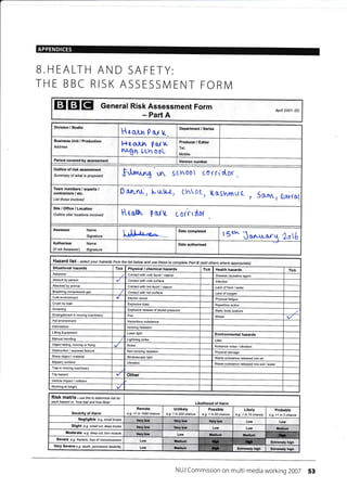 B.HEALTH AN
THE BBC RISK
D SAFETY:
ASSESSMENT FORM
EI EI EI Generar Risk Assessment Form
- Part A
April 2007- DC
Hca*H P o,,t t(
F*cagn, par K
h 0h sch ooL
Outline of risk assessment
Summary of what is proposed $J.aru..ng'u scr/ool corrio(or
Team members / experts /
contractors / etc.
List those involved
0 arUrU, 1.,r,uV"4, cYLoL/ KoshmuL , Sarnl 6xr(o!
Site/Office/Location
Outline site/ locations involved ? oLr[ c orrr ilo{
l 5 tsr"
J o"-,rarq 2o 16
Hazard lisl - select your hazards from the tist below and use these to complete paft B (add others where appropriate)
Situational hazards Tick Physical / chemical hazards Tick Health hazards Tick
Asbestos Contact with cold liquid / vapour Disease causative aqent
Assault by person Contact with cold surface lnfection
Attacked by animal Contact with hot liquid / vapour Lack offood / water
B.eathing compressed gas Contact with hot surface Lack of oxygen
Cold environmenl Electric shock Physical fatigue
Crush by load Explosive blast Repetitive action
Drowning Explosive release of stored pressure Static body posture
Entanglement in moving machinery Fire Stress
Hot environment Hazardous substance
lntimidation lonizing radiation
Lifting Equipment Laser light Environmental hazards
Manual handling Lightning strike Litter
Objecl falling, moving or flying Noise Nuisance noise / vibration
Obstruction / exposed feature Non-ionizing radiation Physical damage
Sharp object / material Stroboscopic light Waste substance released into air
Slippe.y surface Vibration Waste substance released into soil / water
Trap in moving machinery
Trip hazard Other
Vehicle impact / collision
Working at height
RiSk matfiX - use this to determine risk fot
each hazard i.e. 'how bad and how
Remote
e.g. <1 in 1000 chance
Likely
e.g. 1 in 10 chance
Slight e.g. small cut, deep bruise
Moderate e,g. deep cut, torn muscle
Severe e.g. Fracture, /oss ofconsclousress
Very Severe e.9. death, permanent disability
NUJ Commission on multi-media working 2007 59
Division / Studio Department / Series
Business Unit / Production
Address
Producer / Editor
Tel:
Mobile:
Period covered by assessment Version number
Assessor Name
Siqnature
Date completed
Authoriser
(if not Assessor)
Name
Siqnature
Date authorised
Likelihood of Harm
Severity of Harm
Unlikely
e.g. 1 in 200 chance
Possible
e.9.1 in 50 chance
Probable
e.g. >1 in 3 chance
Negligible e.g. small bruise Very low Very low very low Low Low
Very low V.ry low Low Low Medium
very low Low I*sdium Medium ffii l1i
Low irsdium tT!: TfiT.i Extrcmely high
Low lledium w Extremely hlgh Extremely high
 