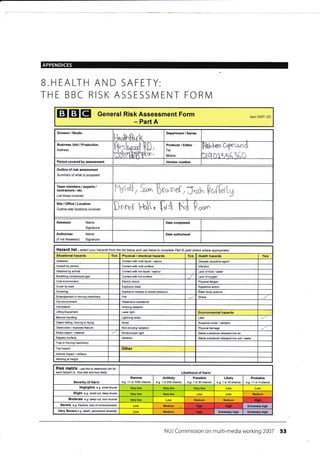 B.HEALTH AND SAFETY:
THE BBC RISK ASSESSMENT FORM
EIEIEI Generar Risk Assessment Form
- Part A
Apnl 2007- DC
Division / Studio
l+a*r,l?"rk
Department / Series
Business Unit / Production
Address
Producer / Editor
Tel:
Mobile:
Nblrt"er* {*pr''nrrC
):e},3*"tqh.1,*i;
Period covered by assessment Version number
Outline of risk assessment
Summary of what is proposed
Team members / experts /
contractors / etc-
List those involved
l,lssdl, &* &r"aef ,:Iosh FottefLq
Site/Office/Location
Outline site/ locations involved Dncet +,lL' firs Nt B*^
Assessor Name
Signature
Date completed
Authoriser Name
(if nol Assessor) Signature
Date authorised
Hazard list-setectyourhazardsfromthelistbelowandusethesetocompletePartB(addotherswhereappropriate)
Situational hazards Tick Physical / chemical hzards Tick Health haards Tick
Asbeslos Contact wth cold liquid / vapour Disease €usative
Assault by person Contact with cold surface lnfection
Attacked by animal Contact with hol liquid / vapour Lack of food / water
Breathing compressed gas Contact with hot surface Lack of oxygen
Cold enviaonment Eleclric shock Physical faligue
Crush by load Explosive blasl Repelitive action
DroMi Explosive release of slored pressure Static body posl!re
tn Fire Slress
Hot environmeni Hazardous substance
lntimidation g radiation
Lifting Equipmenl Laser lighl Environmental haards
Manual handling Lightning slrike Litter
Object falling, moving or flying Noise Nuisance noise / vibration
Obstruciion / exposed feature Non-ionizing radiation Physical
Sharp object / material Stroboscopic light Wasie substance released into air
Slippery surface Vibration Wasle substance released into soil / waler
Trap in moving machinery
f(ip haza.d Other
Vehicle impact / collision
Working at heaght
RiSk matfix - use this to determine isk for
each hazatd i e. haw bad and how hkety Likelihood of Harm
Severity of Harm
Remote
e.9 <1 in 1000chance
Unlikely
e.g. 1 in 200 chance
Possible
e.g. 1 in 50 chance
Likely
e.g. 1 in 10 chance
Probable
e.g. >1 in 3 chance
Negligible e.g. small btuise Very low
Slight e.g. small cut, deep bruise Medium
Moderate e.g. deep cut, ton muscle lredium lredium
Severe e.g. fracturc, lass of consciousnes$ Medium Extremely high
Very Severe e.g death, Nrnanent disability Medium Extrcmely high Extrcrely high
NUJ Commission on multi-media working 2007 53
Hich
Hish Hish
 