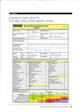 APPENDICES
EEIEI General Risk Assessment Form
- Part A
April 2007- DC
Efctnclon
tr'r (cI
'g1
Business Unit / Production
Address
r^,lvt i (B
H ect1rr Pc*rtt
Producer,/ Editor
Tel:
Mobile:
Erc^-ncgn l'rLQottS
crTqt+6qrOetQ
Period covered assessment Version number
Outline of risk assessment
Sunmary of what is proposed
Team members / experts /
contractors / etc.
List those involved
*J* -Q<<-c<- ]ot:, AnncrJ".ntr-rsct
lt^a.'
q.:d
Site/Office/Location
Autline site/ locations involved 5l , €...n.u,". frrxn u''e-
Assessor Name
Signature 5,U*u"v 5.il"}^t+
Authoriser
(if not Assessor)
Name
Signature tr Date authorised
It lQ711
Hazard list-selectyourhazardsfromthelistbelowandusethesetocompletePaftB(addotherswhereapprcpiate)
Situational hazards Tick Physical / chemical hazards Tick Health hazards Tick
Asbestos Contacl with @ld liquid / vapour Disease €usative agenI
Assault by person Contact with cold surface lnfection
Attacked by animal Contact with hot liquid / vapour Lack of food / water
Breathing compressed gas Contact with hot surface Lack of oxygen
Cold environment Electric shock Physi€l fatigue
Crush by load Explosive blasl Repetitive action
Drowning Explosive release of stored pressure Static body posture
Entanglement in moving machinery 4te Stress
Hot environment Hazardous substance
lntimidation lonizing radiation
Lifling Equipmenl Laser light Environmental hazards
Manual handling Lightning strike Litter
Object falling, moving or flying Noise Nuisance noise / vibration
Obstruclion / exposed feature Non-ionizing radialion Physi€l damage
Sharp object / material Stroboscopic light Waste substance released into air
Slippery surface Vibration Waste substance released into soil / water
Trap in moving machinery
Trip hazard Other
Vehicle impact / collision
Working at heighl
RiSk matfix - ase this to detenine tisk fot
each hazatd i.e. 'how bad and how likely' Likelihood of Harm
Severity of Harm
Remote
e.g. <1 in 1000 chance
Unlikely
e-9. 1 in 200 chance
Possible
e.g.linilchance
Likely
e.g. 1 in 10 chance
Probable
e.g. >1 in 3 charc
Negligible e.g. small bruise
Slight e.9. small cut, deep bruise Medium
Moderate e.g. deep cut, ton muscle Medium Medium
Severe e.g- fracture, /oss ofconsclousness Low Medium Extremely high
Very Severe e.9. death, permanent disability Medium Extremely high Extremely high
NUJ Commission on multi-media working 2007 53
B.HEALTH AND SAFETY:
THE BBC RISK ASSESSN4ENT FORN/l
Division / Studio Department / Series
Date completed
Hish Hish
High
 
