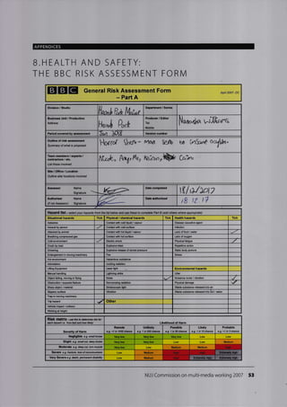 APPENDICES
B.HEALTH AND SAFETY:
THE BBC RISK ASSESSN4ENT FORIVI
EIGIE General Risk Assessment Form
- Part A
Apnl 2007- DC
Division / Studio
H*rt P,A Mlo:,t
Departnent / Series
Buainess Unit / Producfion
Address
H"*b Qwk
Producer / Editor
Tel:
Mobile:
ltlo*.tn, w,l,lfi,r"rts
Period covered assessment Version number
Outline of risk assessment
Summary of what is proposed Holof S[cfu- rvlq,l ktr a [4h,4e onllr.
Team members / experts /
contractoE / etc.
List thNe invotued
W)fl., [n6,N4 ki'unrffir CP,xn,
Site/Ofrice/Location
Outline sitd leations involved
As6sor Name
Signature
Date corpleted
lKl*/tctz
Aulhoriser Name Oate authorised
tE tz. t7rEtAssessor) Signature
Hazard list - se/ect your hazards ftom tfie list below aN use these to complete Pad B (add othes where apprcpiate)
Situational hazards Tick Physical / chemical haards Tick Health haza.ds Tick
Asbestos Conlaqt wilh cold lhuid / vapour Disease eusative agEnt
Assault by peBon Contact wilh cold surfa@ lnfection
Attacked by animl Contact with hot liquid / vapour Lack of iood / reler
Brcathing compressed gas Contact with hol surfa@ Lack of oxygen
Cold environrenl Eleclric sh@k Physi€l fatigue
Crush by l@d E plosive blast Repetitive aclion
DllMing Bplosive relEse of stored pressure StEtic body postuG
Entanglement in mving machinery Firs Stross
Hol envircnment
lntimiration loniiing Ediation
Lifring Equiprcnt Laser light Environmental hffirds
Manual handling Lighlning strike Littsr
Obiect falling, mving or fving Noise Nuisane noise / vibration
Obstruction / Exposed featuG Non-ionizing rEdialion PhysicEl damage
ShErp object / material Strobos@tic light Waste substan@ released into air
Slippery surfe@ VibEtion
TEp in mving mchinery
Trip haard Other
VehiclE impact / collision
Vrorking at height
Risk matfix - us this to datemire tuk lor
oach hazad i.e. 'how Md aN how lllGly Likelihood of Harm
Severity of Harm
Remote
e.g. <1 in 10f]() chare
Unlikely
e.g. 1 in 200 chan@
Possible
e.g. 1 in 50 chan@
Likely
e.g. 1 in 10 chan@
Prcbable
e.g. >1 in 3 chan@
Nogliglble e.g. small bruin Ve.y low very low Low
Slight e.g flal dn, d@p bruin Very low Modlum
Very low Low
S,eyafe e.g. fncfrlE,lrss of @rscious€ss Low
Very Severe e.9- death, pemaMnt disability Low
NUJ Commission on multi-media working 2007 53
 raste subslan@ rel€ased into soil/ mter
Very low
Moderate e.g. d@p ctd, tom muscle Medium Medium Hioh
Medium Hiqh High ii:rhiiiiiiitturi:r:
Medium Hiqh
 