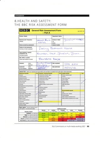 APPENDICES
B.HEALTH AND SAFETY:
THE BBC RISK ASSESSN/ENT FORIVI
EIEIEI General Risk Assessment Form
- Part A
Apfl 2007- DC
Division / Studio Department / Series
Address
Lleo-(A Q.trr,*
l.j4r'eS
Producer / Editor
Tel:
Mobile:
Jc-aa'.
g.r u-Ja' tt€91
Period covered by assessment Version number
c,d,t3 Bo*!"r.r.vn Sult**
Site/Office/Location
Outline site/ locations involved Erc.nclcn> *ta15q
Assessor Name
Signature
E*.ndcrn t,liclUtl9
4.A),,ttc-t
Date completed
Z36 tOorl
Authoriser
(if not Assessor)
Name
Signature
Date authorised
4 lc: 7 l6
Hazard list - setect your hazards frcn the tist below and use these to complete Part B (add otherc where apprcpiate)
Situational hazards Tick Physical / chemical hazards Tick Health hazards Tick
Asbestos Conlact with cold liquid / vapour Disease @usative agenl
Assault by pe6on Contact with cold surface I nfection
Attacked by animal Contact with hot liquid / vapour Lack offood /water
Brcathing compressed gas Conta6't with hot surface Lack of oxygen
Cold environment Electric shock Physical fatigue
Crush by load Explosive blast Repetitive action
Drowning E rlosive release ofstored pressure Static body posture
Entanglement in moving machinery 'FtrE
Hot environment Hazardous substance
lntimidation lonizing Bdiation
Lifling Equipment Laser Iight Environmental hazards
Manual handling .Lightning sirike Litter
Object falling, moving or flying Noise Nuisance noise /vibration
Obstruction / exposed fealure Non-ionizing radiation Physical damage
Sharp object/ material Stroboscopic light Wesle substance released inlo air
Slippery surfa@ Wasle substance released into soil / water
Trap in moving machinery
Trip hazard Other
Vehicle impact / collision
Working at height
RiSk matfix - use this to detemine risk for
each hazard i.e. 'how bad and how likely' Likelihood of Harm
Severity of Harm
Remote
e.g. <1 in 1000 chance
Unlikely
e.g. 1 in 200 chance
Possible
e.g. 1 in 50 chance
Likely
e-g- 1 in 10 chance
Probable
e.g. >1 in 3 chance
Negligible e.g. small bruise
Slight e.9. small cut, cleep btuise Medium
Moderate e.g. deep cut, tom muscle Medium Medium
Severe e.9. ,-acture, /oss ofcorsclousress Medium Extremely high
Very Severe e.g. death, pemanent disability Medium Extremely high Extromely high
NUJ Commission on multi-media working 2007 53
Business Unit / Production
Outline of risk assessment
Sumnary ot what is proposed
Team members / experts /
contractors / etc.
List those involved
Bre^ncUr-r, Chc-"1. z{"."^C.-^ z f,*-o,r .
Shess
Vibration
High
Hish High
High
 