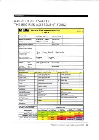 a
APPENDICES
B.HEALTH AND SAFETY:
THE BBC RISK ASSESSI4ENT FORN/
EIEIEI General Risk Assessment Form
- Part A
Apfl 2007- DC
Division / Studio
ru$n&xlc Nkrdou Department / Series
Business Unit / Production
Address
tte"h {er<k Schn',-
trc$ur*$ &,6&.-
Producer / Editor
Tel:
Mobile:
Period covered by assessment Vereion number
Team members / experts /
contractors / etc.
List those involved
6,f*t 6$'{^ t
gurt€tL, tr-zicr"h
Site,/ Office / Location
Outline sitd leations involved
{l'wolte
Assessor Name
Signature
&iqb fofar-
G{6Ar Date completed
Authoriser
(if not Assessor)
Name
Signature
Date authorised
Hazard list - se/ect your hazards from the list below and use these to conplete part B (add otherc where appropnab)
Situational hazards Tick Physical / chemical hazards Tick Health hazards Tick
Asbestos Conlacl wilh cold liquid / vapour Disease cusative agent
Assauft by pe6on Contacl with cold surface lnfection
Attacked by animal Contact with hot liquid / vapour Lack offood / water
Breathing compressed gas Contad with hot sutrece Lack ofoxygen
Cold environment Electric shock Physical fatigue
Crush by load Explosive blast Repetitive action
Drowning Explosive release of stored pressure Static body posture
Entanglemenl in moving machinery Fiae Stress
Hot environment Haardous substance
lntimidation lonizing radiation
Lifling Equipment J Laser light Environmental hazards
Manual handling Lklhtning strike Litter
Object falling, moving or flying Noise Nuisance noise / vibralion
Obslruction / exposed feature Non-ionizing rad iation Physical damage
Sharp object/ material Stroboscopic light Waste substance released into air
Slippery surface Vibration Waste substance released into soil /water
Trap in moving machinery
Trip hazard
.l Other
Vehicle impact/ @llision
V1/orking at height
RiSk matfiX - use this to determine ,sk for
each hazatd i.e.'how bad and how likely' Likelihood of Harm
Severity of Harm
Remote
e.g. <1 in 1000 chance
Unlikely
e.g. 1 in 200 chance
Possible
e.g. 1 in 50 chance
Likely
e.g. 1 in 10 chance
Probable
e.g.>1 k3chance
Negligible e.g. smalt btuise
Slight e-g. sDa//cut, deepbruise Medium
Moderate e.g. deep cut, tom muscle Medium lIedium
SeYere e.g. hacture, loss ofcorscDusness Medium Enremely high
Very Severe e.g. death, pemanent disability Mealium Ertremely high Extremely high
NUJ Commission on multi-media working 2007 53
Outline of risk assessment
Summary of what is proposed
Hiqh
I
 