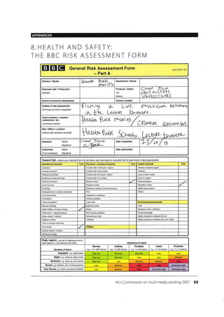 APPENDICES
B.HEALTH AND SAFETY:
THE BBC RISK ASSESSN/ENT FORIVI
EIEIEI Apnl 2007- DC
Division / Studio .$/1Lc"U^ P"rftl ",r'!c'nz )
Department / Series
Busines Unit / Production
Address
Producer / Editor
Te1:
Moblle:
L,W,A JDt)--!)'
n?t1 oatJ:lV]-
-,rilu{nnqj?-4+ 
Period covered by assessment Version number
Outline of risk assessment
Summary of what is proposed
f i u"t'^g
irt P--tt--
&- L i/e rlwUUt l3*- P4Fcrrvda
Le-t btrtt- tl"*-t,Ltfr
Team members / experts /
contractors / etc.
Usl those involved [*rtn" f*ir,t ry$Yi4
Site/Office/Location
Outline site/ locations involved
Assessor Name
Signature
'-'vto.d 1ctt.a-
r--&atd* Tj/x1s
Authoriser
(if not Assessor)
Name
Signature
Hazard list - seiect your hazards frcm the list below and use these to conplete Paft B (add othere where appropnae)
Situational hazards Tick Physical / chemical hazards Tick Health hazards Tick
Asbestos Contact with cold liquid / vapour Disease @usative agent
Assault by pe6on Conlact with cold surface lnfection
Attacked by animal Contact whh hot liquid / vapour Lack offood /water
Breathing compressed gas Contact with hot surface Lack of oxygen
Cold environment Electric shock Physical fatigue
Crush by load Explosive blast Repetitive action
Drowning Explosive release of stored pressure Slatic body posture
Entanglement in moving machinery Fire Stress
Hot envkonment Hazardous substance
lntimidation lonizing radiation
Lifting Equipment Laser light Environmental hazards
l4anual handling -Lightning slrike Liler
Object falling, moving or flying Noise Nuisance noise / vibration
Obstruction / exposed feature Non-ionizing radiation Physical damage
Slroboscopic lighl Wasle substance released into air
Slippery surface Vibration Wasle substance released into soil / water
Trap in moving machinery
Trip hazard Other
Vehicle impact/ @llision
Working at height
Risk matfix-rse thisto deternine ilskfor
each hazard i.e.'how bad and how likely' Likelihood of Harm
Severity of Harm
Remote
e.g. <1 in 1000 chance
Unlikely
e.g. 1 in 200 chance
Possible
e.g. 1 in 50 chance
Likely
e.g. 1 in 10 chance
Probable
e.g. >1 in 3 chance
Slight e.g. smallcut, deepbruise Medium
Moderate e.g. deep cut, ton muscle Medium lvledium
Seyere e.g. fracture, loss ofcorsciousress Medium Extremely high
Very Severe e.9. death, permanent disability Medium Extrcmely high Extremely high
NUJCommission on multi-media working 2007 53
General Risk Assessment Form
- Part A
Hryrt^fo"tK .kr.roU I e-cula b*uj{e-
Date authorised
Date completed
Sharp object / malerial
Negligible e.g. small bruise
Hish
I
HislI
 