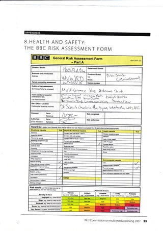 APPENDICES
B.HEALTH AND SAFETY:
THE BBC RISK ASSESSIMENT FORN4
EIEIEX General Risk Assessment Form
- Part A
April 2007- DC
Division / Studio Department / Series
Business Unit / Production
Address
tuv* (n
Producer / Editor
Tel:
Mobile:
(r'Si,- [rr"u!n
t,rmi^'nh-''4Period covered by assessment
tt-:tt N,cr/lf- VeEion number
Outline of risk assessment
Summary ofwhat is proposed
MvU(r-r^,w* tw ft,lu*,*ru An"J(
Team members / experts /
contractors / etc.
List those involved
iAn i.*}-1 tru^  tr$uh €'.:44
w 6.ln'aI-
5 uSite/Office/Location
Outline site/ locations involved
&1r'5 c4-,"1,^ i" $* ,* rxlwfr*'4^ uvz4tL
Assessor Name
Signature A/V- Date completed
Authoriser Name
(if not Assessor) Sjgnature
Date authorised
azardH se/ecllist your fromhazards /istthe below and ,heseuse to BPaftcomplete ofhers(add where appropiate)
Situational hzards Tick Physical / chemical hazards Tick Health haards Tick
Asbestos Contactwith @td tiquid / Disease causalive
Assault by person Contactwith cold surface
Attacked by animat Contactwith hot liquid / vapour Lack of food /Mter
Breathing compressed Contacl with hot surface Lsck of orygen
Cold environment Electric shock Physiclfatigue
Crush load blast Repelitive action
release ofstored Stalic
in moving Fire
Hot environment Hazardous substance
lntimidation
radiation
Lifting Equipment Laser light
Environmental hazards
Manual handling strike Litter
falling, moving Noise
Nuisance noise / vib.ation
Obslruction / exposed feature Non-ionizing radiation Physiel
/ materialSharp
light Waste substance released into air
Slippery surface Vibration
Waste substance released into soil /water
Trap in moving machinery
Trip hazard Other
Vehicle impact / coilision
at height
RiSk matfiX - ase this to determine isk for
each hazard i.e. 'how bad and how
Likelihood of Harm
of Harm
Remote
e.g. <1 in 1000 chanc
Unlikely
e.g. 1 in 200 chance
Possible
e.g. 1 in 50 chance
Likely
e.g. 1 in 10 chan@
Probable
e-g- >1 in 3 chance
Negligible e.g. smal bruise
lgw low
Moderate e.g. deep ut, torn muscte
Medium Medium
Sevefe e.g. fecturc, /os6 o/@rsc,bosness
Very Severe e.9. death, pemanent disabitity
Medium
NUJ Commission on multi-media working 2007 53
lnfection
DroMing
Stress
./
Slight e.g. snala/t, deep btuise
Medium
Medium
Extremely hiEh
Extrcrely hioh Extrerely hiqh
 