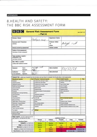 B.HEALTH AND SAFETY:
THE BBC RISK ASSESSN4ENT FORIVI
EItrIEI General Risk Assessment Form
- Part A
Apfl 2007- DC
Division / Studio
l'l*ilU,r,,r E;h,,,1
Department / Series
Business Unit / Production
Address
Producer / Editor
Tel:
Mobile:
,4,/f k/"//
Period covered by assessment
Outline of risk assessment
Summary of what is propxed
Team members / experts,
contractors / etc.
List those involved
Site / Office, Location
Outline site/ locations involved
Asaessor Name
Signature
lwl/W Hce
nil^^
Date completed
l,cftlft{Authoriser
(if not Assessor)
Name
Signature C
Oate authorised
Hazard list - selecf your hazads from the list below and use these to complete Part B (add others where apprcpiate)
Situational hazards Tick Physical, chemical hazards Tick Health hazards Tick
Asbestos riontact with cold liquid / vapour Disease causalive agent
Assault by person Contact with cold surface lnfectim
Attacked by animal Contact with hot liquid / vapour Lack of food / water
Breathing compressed gas Contact with hot surface Lack of oxygen
Cold environment Electric shock Physical fatigue
Crush by load Explosive blast Repetitive action
Drowning Explosive release of stored pressure Static body posture
Entanglement in moving machinery Fire Stress
Hot environment Haardous substance
lntimidation lonizing radiation
Lifting Equipment Laser light
Manual handling Lightning strike Litter
Object fallng, moving or llying Noise Nuisance noise / vibration
Obstruction / exposed feature Non-ionizing radiation Physical damage
Sharp object / materjal Stroboscopic light Waste substance released into air
Slippery surface Mbration Waste substance released into soil / water
Trap in moving machinery
Trip hazard Other
Vehicle impact / collision
Working at height
Risk matrix - u se this to determine isk for
each hazatd i.e. 'how bad and how likely' Likelihood of Harm
Severity of Harm
Remote
e.g. <1 in 1004 chance
Unlikely
e.g 1 in 200 chance
Possible
e.g. 1 in 50 chan@
Likely
e.g. 1 in 10 chance
Probable
e g >1 in 3 chance
Negligible e.g smailbrulse Very low Very low Very low Low Low
Slight e.q. smallcut, deep bruise Very low Very low Low Low Medlum
v€ry low Low Medium Medium
Severe e.g. fracture, loss ol consciousness Low Medlum Extremely high
Very Severe e g. death, pemanent disability Low Medium Extremely high Extremely high
V66ion numbe.
Enyironmental hazards
Moderate e.g. deep cul, ton muscle
 