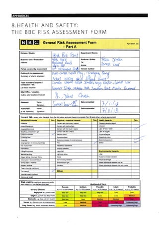 B.HEALTH AND SAFETY:
THE BBC RISK ASSESSN4ENT FORNI
EIEIET General Risk Assessment Form
- Part A
Apil 2oo7- DC
Division / Studio
lb,il, ?oa, Ekn.f
Oepartment / Series
ffi,t-,r
Producer / Editor
Tel:
Mobile:
'ft(''at", fp^nfon
&nrt lr{
Period covered by assessment I Version number
Outline of risk assessment
Summary of what is proposed
ffiffiy'-m';ffm,m'Team members / experts,
conkactors , etc.
List those involved
Coil€/bn UifurnI 4,Wh JphnSon K%^ @, &irq,Vt k0,(
YonnVlr &ir'^h, yurl++o t+ol,l, lonoil#n h.t^f, Malh ktu"l
Site, Ofiice / Location
Outine site/ locations involved
[L-.]ri^* atu
Assessor Name
Signature
Date completed
7/ tt I $
Authoriser
(if not Assessor)
Name
Signature
Date authorised
?/ ul I
Hazard list - se/ectyor.r hazards ftom the list below and use these to complete Part B (add others where appropiate)
Physical / chemical hazards Tick Health hazards I rcl(Situational hazards
Contact with cold liquid / vapour Disease causative agentAsbestos
Contact with cold surface lnfectionAssault by person
Contact with hot liquid / vapour Lack of food / water t/Attacked by animal
Lack of oxygenBreathing compressed gas ,Contact with hot surface
Physical tatigueCold environment t/ Electric shock
Repetitive actionCrush by load Explosive blast
Explosive release of stored pressure
"Static
body posture t/Drowning
Fire t/ Stress t/Entanglement in moving machinery
Huardous substanceHot environment
lonizing radiationlntimidation
Environmental hazardsLifting Equipment Laser light
Litterlranual handling Lightning strike
Nuisance noise / vibrationObject falling, moving or flying Noise
Non-ionizing radiation Physical damageObstruction / exposed feature
Stroboscopic light Waste substance released into airSharp object / material
Mbration Waste substance released into soil / waterSlippery surface
Trap in moving machinery
l/ OtherTrip hazard
Vehicle impact / collasion
Working at height
Risk matf ix - use thisto determine isk tor
each hazad i.e. 'how bad and how likely' Likelihood of Harm
Severity of Harm
Remote
e.g <1 in 1000 chance
Unlikely
e.g. 1 in 200 chance
Possible
e.g. 1 in 50 chance
Likely
e.g 1 in 10 chance
Probable
e.g. >1 in 3 chance
Negligible e.g. smatt bruise Very low Very low Very low Low Low
Slight e.9. snall cut, deep bruise very low Very low Low Low Medlum
Moderate e.g. dep cut, torn muscle Very low Low Medium Medium
Severe e.g. fracture, loss ot consciousness Low M€dlum Extrcmely high
Very Severe e.9. death, pemanent disability Low Madium Extremely high Extremely high
Business Unit, Production
Address
Tick
 