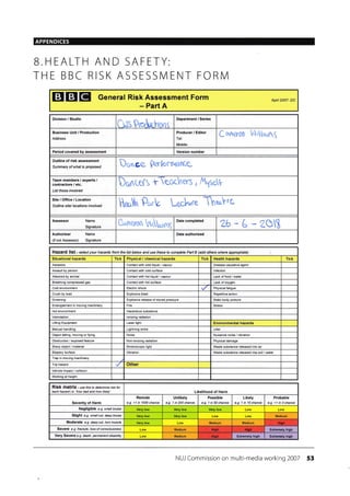 APPENDICES
B.HEALTH AND SAFETY:
THE BBC RISK ASSESSI/IENT FORN/
EIETEI General Risk Assessment Form
- Part A
Apnl 2007- DC
Division / Studio
Cr,s Ptqmhont
Department / Series
Business Unit / Production
Address
Producer / Editor
Tel:
Mobile:
Conremn NrltqnS
Period covered by assessment Version number
Outline of risk assessment
Summary ol what is proposed Donge P.gsPqance
Team members / experts /
contractors / etc.
List those involved
DctnCeCS teochers , Alset
Site/Office/Location
Outline site/ locations involved *ltn %.V, L^ud*.e lh*l's
Assessor Name
Signature
Cqfiero$ rtrurqS
Date completed
2b-6-zot
Authoriser
(if not Assessoo
Name
Signature
Date authorised
Hazafd list - se lect your hazads from the list below and use these fo co mpbte Paft B (add others where apprcNiate)
Situational hazards Tick Physical / chemical hazards Tick
Asbeslos Contact wilh cold liquid / vapour Disease causatave agenl
Assaull by person Contact wilh cold surface lnfection
Attacked by animal Contact with hot liquid / vapour Lack of food / water
Ereathing compressed gas Contact wilh hot surface Lack ofoxygen
Cold environmenl Electric shock Physical fatigue
Crush by load Explosive blast Repetilive action
Drowning Explosive release of stored pressure Slatic body posture
Entanglement in moving machinery Fire Stress
Hot environment Hazardous substance
lntimidation lonizing radiation
Lifting Equipment Laser light Environmental hazards
Manual handling Lightnlng strike Litter
Object falling, moving or flying Noise Nuisance noise / vibration
Obstruction / exposed fealure Non-ionizing radiation Physical damage
Sharp object / material Siroboscopic light Waste substance released into air
Slippery surface Vibration Waste subslance released into soil / watea
Trap in moving machinery
Trip hazard Other
Vehicle impacl / collision
Working a1 heighl
RiSk matfix - ,se this to detemine risk for
each hazad t e hov bad and hoe ltkely Likelihood of Harm
Severity of Harm
Remote
e.g. <1 in 1000 chance
Unlikely
e.g. 1 in 200 chance
Possible
e.g. 1 in 50 chance
Likely
e.g. 1 in 10 chance
Probable
e.g. >1 in 3 chance
Negligible e.g. small btuise
Medium
Medium Medium
Severe e.g. f/acfule, /oss ofconsclousress Medium Extrcmely high
Very Severe e 9 death petfrahent disability Medium ExtEmely high Extremely high
NUJ Commission on multi-media working 2007 53
Tick Health hazards
Slight e.g. small cut, deep bruise
Moderate e.g. deep cut, ton muscle High
tiish Hisn
High
 