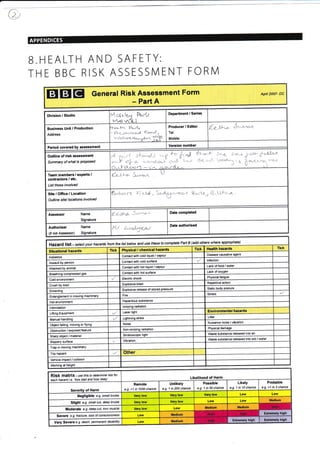 r}V/
B.HEALTH AND SAFETY:
THE BBC RISK ASSESSN/I ENT FORIVI
EIGIEI General Risk Assessment Form
- Part A
April 2007- DC
Division I Studio M+"lua fu.rU
ua.oinYt-l
Departrnent / Series
Business Unit, Production
Address
ttq*t- Pu/(^t
- P1a-6rrniooJ. EeA,
rnletu<rr+r*"1ffi_
Producer , Editor
Tel:
Mobile:
{ -sl-r- A'^^^o'r
Period covered bY assessment Version number
Outline of risk assessment
Summary ol what is Prolosed
h,-Al
3E*
gjr iB
6{t36 1.{..
e{-o--
{*-X;-o- S.r^.p./..Team members, experts,
contractors / etc.
List those involved
Site / Office, Location
Outtine site/ locations involved
Assessor Name
nature
Elaoa.5""'t"o
Autho.iser Name
(if not Assessor) Signature
0.odpe*t Date authorised
whereothersBPaft appropiate)useand tothese (addthefrom below complete,istist se/ect hazardsyourHazard
Health hazardsPhysical, chemical hazardsTickSituational hazards
Disease causative agent/ vapourContact with coldAsbestos
lnfectionContact with cold surface
Assault by Parson
Lack of food / water/ vapour
Attacked by animal
Lack of oxygen
Contact with hot surface
Breathing comPressed gas
Physical fatigue
Electric shockCold environment
Repetitive action
Explosive blastCrush by load
Static bodyrelease of stored
StressFirein moving machinery
Haardous substanceHot environment
lonizing radiationlntimidation
Laser lightLifting EquiPment
LitterLightning strike
Nuisance noise / vibration
Noisemoving or flyingObject
Physical damageNon-ionizing radiation
Obstruction / exposed ieature
Waste substance released into air
Stroboscopic light/ material
Waste substance released into soil / water
surface
Trap in moving machinery
Trip hazard
Vehicle impact / collision
Working at
Risk matrix - use lhis to deternine isk for
each hazarci i.e.'how bad and how likely' Likelihood of Harm
of Harm
Remote
e.g. <1 in 1000 chance
Unlikely
e g. 1 in 200 chance
Possible
e g. 1 in 50 chance
Likely
e.g 1 in 10 chance
Probable
e g. >1 in 3 chance
Negligible e.g. smalt bruise Very low very low Very low Low Low
Slight e.g. small cut, deeq bruise very low Very low Low Low Medlum
Very low Low MGdium
Severe e g. ftaclure, loss of consciousness Low Medlum Extrcmely high
Extremely high
Very Severe e.g death, pemanent disability Low Medium Ertremely high
-)
vr *-q.(. 'r?* + I {"
Bobacs Fr-rl , S.e-4p1ru^oor Sovttz ftl"5larr
Date comPleted
I rcKTick
Contact with hot liquid
Drowninq
Environmental hazards
Manual handling
Vibration
Other
iroderate e.g. deeP cut, torn muscle Medium
 