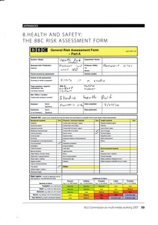 APPENDICES
B HEALTH AND SAFETY:
THE BBC RISK ASSESSN4ENT FORIVI
General Risk Assessment Form
- Part A
April 2007- DC
Division / Studio
l1C-cr tt, Fr,,L' ) lud,s i
Department / Series
Business Unit / Production
Address
PrrJhr.rea.l r aal
u-rrr i{ le0
Producer / Editor
Tel:
Mobile:
O6r.*.av.pr; l- St.S 
Period covered by asse$ment Version number
Outline of risk assessment
Summary of what is proposed [:Jt"r,n, 6{ -S t u<C}, cr
Team members,/ experts /
contractors,/ etc.
List those involved
*^e-
su'rd<P f
rot4cti^
a: <') a"
I o /iecr^
S l-u cl. r o tna* lL Q c,, /
Assessor Name
Signature
p 6,^ea(ri'f -r-;
Date completed
n/t1/ lct
Authoriser Name
(if not Assessor) Signature
Date authorised
Hazard list - se/ecl your hazards ftom the list below and use these to complete Part B (add others where appropiate)
Situational hazards Tick Physical / chemical haards Tick Health haards Tick
Asbestos Contact with cold liquid / vapour Disease causalive agent
Assault by person Contact with cold surface lnfection
Attacked by animal Contact with hot liquid / vapour Lack of food / mter
Breathing compressed gas Contact with hot surface Lack of orygen
Cold environment Electric shock Physi€lfatigue
Crush by load Explosive blast Repetitive action
Droming Explosive release of stored pressure Static body posture
Entanglement in moving machinery Fire Stress
Hot environment Hazardous subslance
lnlimidation lonizing radiation
Lifting Equiprent Laser ligh! Environmental huards
Manual handling Lightning strike Litter
Object falling, moving or ftying Noise Nuisance noise / vibration
Obstruction / exposed feature Non-ionizing radiation Physi€l damage
Sharp object / malerial Stroboscopic light Weste substance released into air
Slippery surface Vibration Waste substance released into soil / water
Trap in moving machine.y
Trip hazard Other
Vehicle impacl / collision
Working at height
RiSk matfix - rse this to determine isk for
each hazad i.e.'how bad and how likely' Likelihood of Harm
Severity of Harm
Remote
e.g. <1 in 1000 chance
Unlikely
e.g. 1 in 200 chance
Possible
e.g. 1 in 50 chance
Likely
e.g. 1 in 10 chan@
Probable
e,g. >1 in 3 chance
Negligible e.g. small bruise Very low
Slight e.9. small cut, deep bruise
Medium Medium
Severe e-g- tracture, /oss of @rsc/busress Medium ExtErely high
Very Severe e.9. death, pemanent disability Medium ExtErely high ExtEmely high
NUJ Commission on multi-media working 2007 53
B B C
Site/Oflice/Location
Outline sitd locations involved
M€dium
Moderate e.g. deep cut, tom muscle ffi
Hish Hish
Hiqh
 