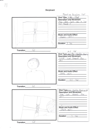 lnJ I.J
tt,
Storyboard
tlac,l., i'l f lra{
Transition 1 ,.
Transition
-:
't.
i
**"'"d'4d
;;-
.! ;
}t
lVusic and Audio Effect
.. i. . ,,,.
*, ,/'it ' ! -:. -
Duration
t,*9
nan Movement
Shot T
Descri
S
.
Music and Audio Effect
- ;' lt. i, ,r.t .; ..
Duration )
Shot
ShotType::-:.,,',t ,'..,. ;t .1.; i':',' ,,, :;';;
Description and [Movement
lVusic and Audio Effect
* t .,t (' '.,,,,,,
Duration ' 'r.i
ui,
C
Tran
-#.4
i,
,ll
' &J*
#Jt
r--------ffi
r., r l, /1.., .r,
Description and N/ovement
:' ',' 't' , .rr
,.'1, ..' : 't .rt.
, ,'l' .l ', ,
-"*-_"*_*_*J
i
I
t
J
I
I
I

:!*1-
 