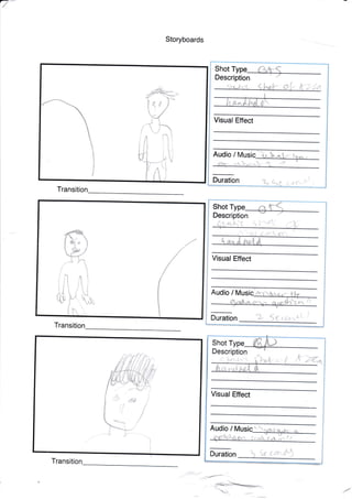 Storyboards
Transition %
Transition
1
tI
i
It
t
r!1"l
I ,"J1
i
,
4f
Visual Effect
Duration
q o
6r-.- ar*Vs
L1
)
Description
Shot
Audio I
t
fit/l i1Jtl(l
rl
N
ry Duration
Visual Effect
Audio /
Shot
/{'J1 L
Description
:r
s
I
t
1
Visual Effect
Audio /
{
Duration 1 {r. c.e'&}
Description
Shot
Transition
%
'<1
1
_;,L
t

 