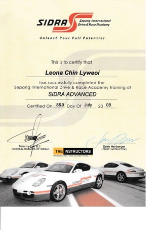 stt trn Sepang lnternational
Drive E Eace f,cademy
Unleash Your Full Potential
This is to certify thot
Leona Chin Lyweoi
hos successfully completed the
Sepong Internotionol Drive & Roce Acodemy troining of
S/DRA ADVANCED
Certified On 8&9 Doy Of 20 08
July
Tom ).
(GENERAL M R OF SrDRA)
Herberger
F INSTRUCTOR)
PBOFESSIONAL TRACK . GRAVEL AND STFEET TBAINERS
'ffigffiB-
INSTRUCTORS
ffi
w 6sr&r.
=,%*
Fq!ryps
THE
 