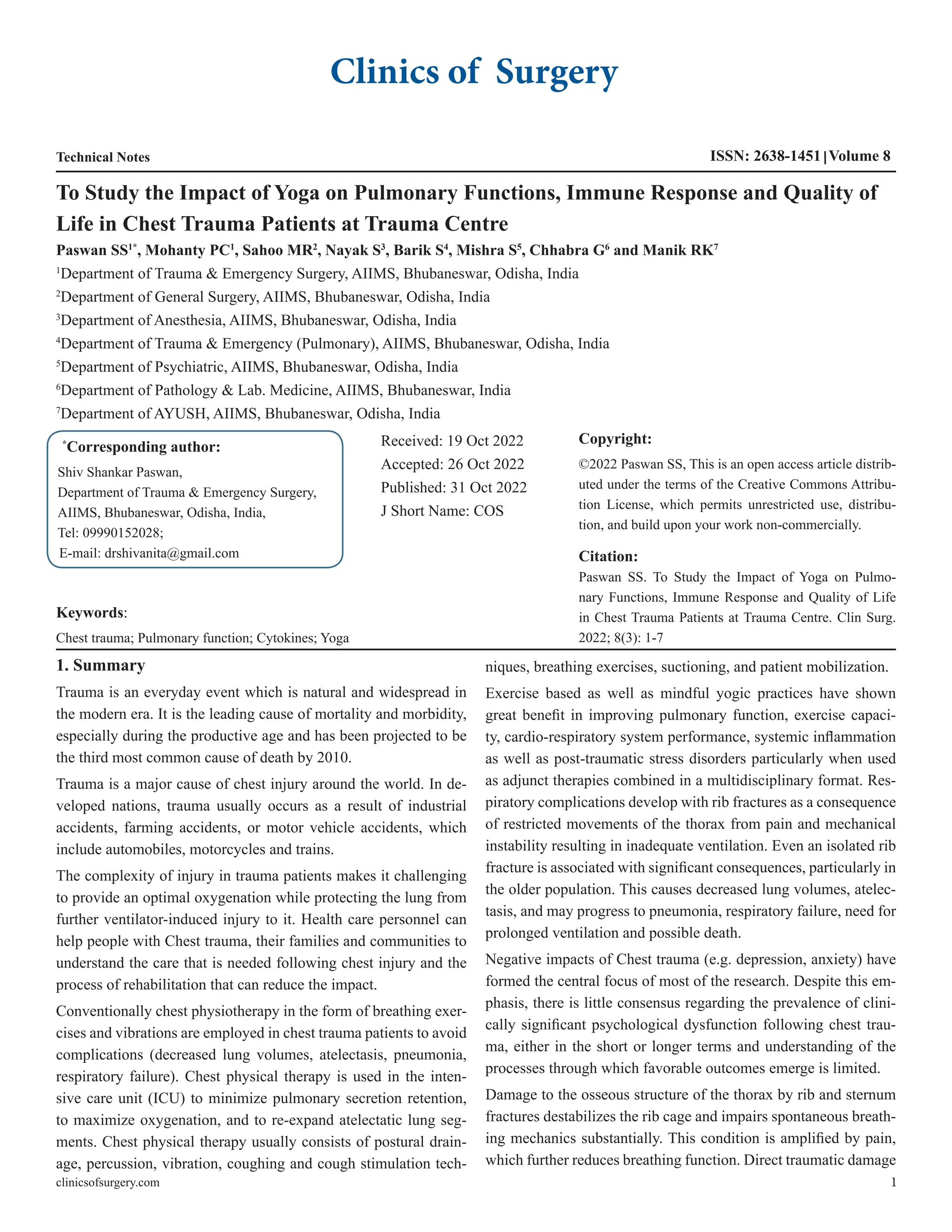 To Study the Impact of Yoga on Pulmonary Functions, Immune Response and ...