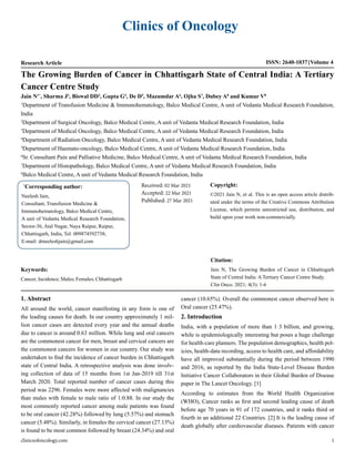 Clinics of Oncology
Research Article ISSN: 2640-1037 Volume 4
Jain N1*
, Sharma J2
, Biswal DD3
, Gupta G4
, De D5
, Mazumdar A6
, Ojha S7
, Dubey A8
and Kumar V8
1
Department of Transfusion Medicine & Immunohematology, Balco Medical Centre, A unit of Vedanta Medical Research Foundation,
India
2
Department of Surgical Oncology, Balco Medical Centre, A unit of Vedanta Medical Research Foundation, India
3
Department of Medical Oncology, Balco Medical Centre, A unit of Vedanta Medical Research Foundation, India
4
Department of Radiation Oncology, Balco Medical Centre, A unit of Vedanta Medical Research Foundation, India
5
Department of Haemato-oncology, Balco Medical Centre, A unit of Vedanta Medical Research Foundation, India
6
Sr. Consultant Pain and Palliative Medicine, Balco Medical Centre, A unit of Vedanta Medical Research Foundation, India
7
Department of Histopathology, Balco Medical Centre, A unit of Vedanta Medical Research Foundation, India
8
Balco Medical Centre, A unit of Vedanta Medical Research Foundation, India
The Growing Burden of Cancer in Chhattisgarh State of Central India: A Tertiary
Cancer Centre Study
*
Corresponding author:
Neelesh Jain,
Consultant, Transfusion Medicine &
Immunohematology, Balco Medical Centre,
A unit of Vedanta Medical Research Foundation,
Sector-36, Atal Nagar, Naya Raipur, Raipur,
Chhattisgarh, India, Tel: 009874592738;
E-mail: drneeleshjain@gmail.com
Received: 02 Mar 2021
Accepted: 22 Mar 2021
Published: 27 Mar 2021
Copyright:
©2021 Jain N, et al. This is an open access article distrib-
uted under the terms of the Creative Commons Attribution
License, which permits unrestricted use, distribution, and
build upon your work non-commercially.
Citation:
Jain N, The Growing Burden of Cancer in Chhattisgarh
State of Central India: A Tertiary Cancer Centre Study.
Clin Onco. 2021; 4(3): 1-6
Keywords:
Cancer; Incidence; Males; Females; Chhattisgarh
clinicsofoncology.com 1
1. Abstract
All around the world, cancer manifesting in any form is one of
the leading causes for death. In our country approximately 1 mil-
lion cancer cases are detected every year and the annual deaths
due to cancer is around 0.63 million. While lung and oral cancers
are the commonest cancer for men, breast and cervical cancers are
the commonest cancers for women in our country. Our study was
undertaken to find the incidence of cancer burden in Chhattisgarh
state of Central India. A retrospective analysis was done involv-
ing collection of data of 15 months from 1st Jan-2019 till 31st
March 2020. Total reported number of cancer cases during this
period was 2296. Females were more affected with malignancies
than males with female to male ratio of 1:0.88. In our study the
most commonly reported cancer among male patients was found
to be oral cancer (42.28%) followed by lung (5.57%) and stomach
cancer (5.48%). Similarly, in females the cervical cancer (27.13%)
is found to be most common followed by breast (24.34%) and oral
cancer (10.65%). Overall the commonest cancer observed here is
Oral cancer (25.47%).
2. Introduction
India, with a population of more than 1·3 billion, and growing,
while is epidemiologically interesting but poses a huge challenge
for health-care planners. The population demographics, health pol-
icies, health-data recording, access to health care, and affordability
have all improved substantially during the period between 1990
and 2016, as reported by the India State-Level Disease Burden
Initiative Cancer Collaborators in their Global Burden of Disease
paper in The Lancet Oncology. [1]
According to estimates from the World Health Organization
(WHO), Cancer ranks as first and second leading cause of death
before age 70 years in 91 of 172 countries, and it ranks third or
fourth in an additional 22 Countries. [2] It is the leading cause of
death globally after cardiovascular diseases. Patients with cancer
 