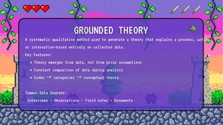 A systematic qualitative method used to generate a theory that explains a process, action,
or interaction—based entirely on collected data.
Key Features:
Theory emerges from data, not from prior assumptions
Constant comparison of data during analysis
Codes → categories → conceptual theory
Common Data Sources:
Interviews • Observations • Field notes • Documents
GROUNDED THEORY
 