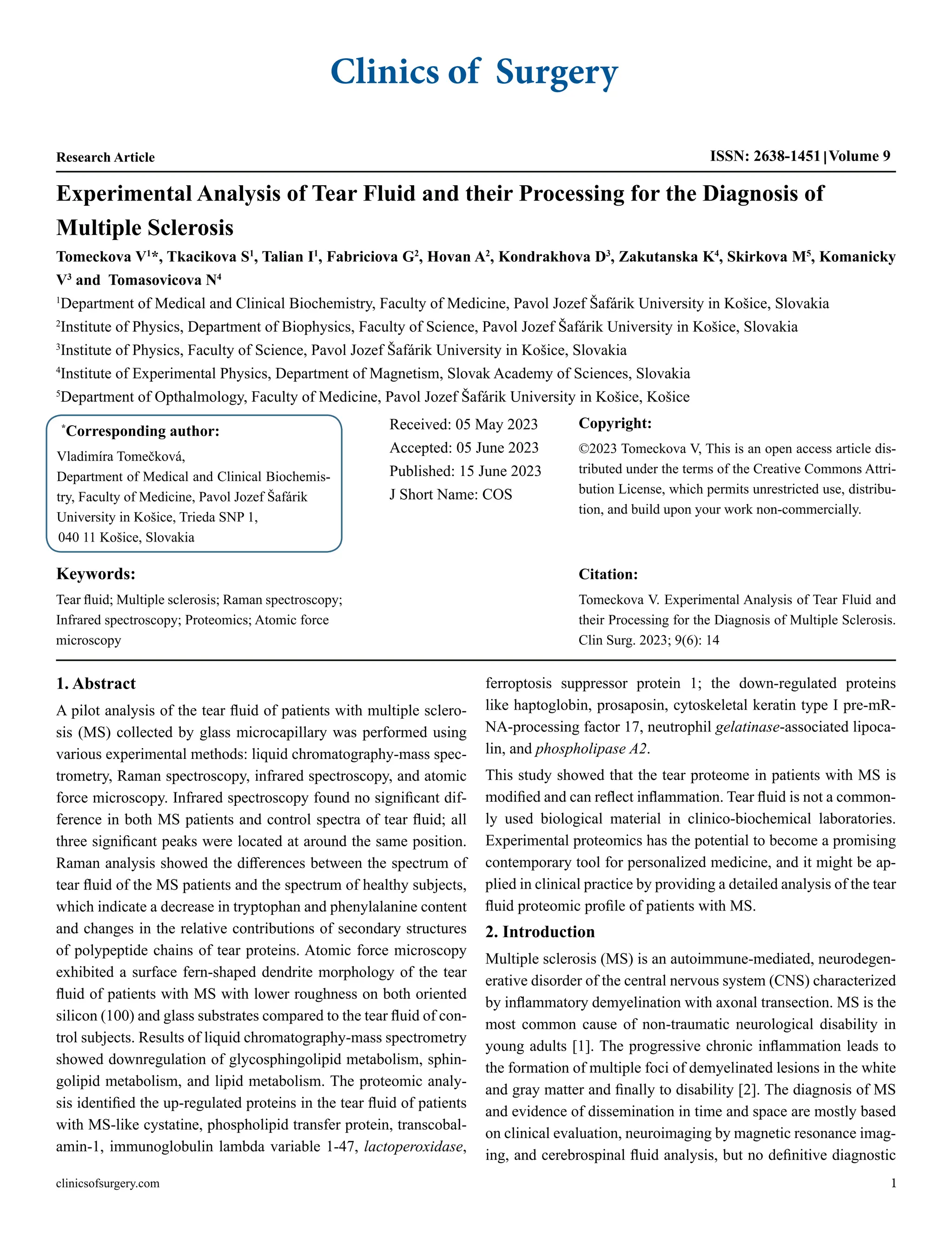 Experimental Analysis of Tear Fluid and their Processing for the ...