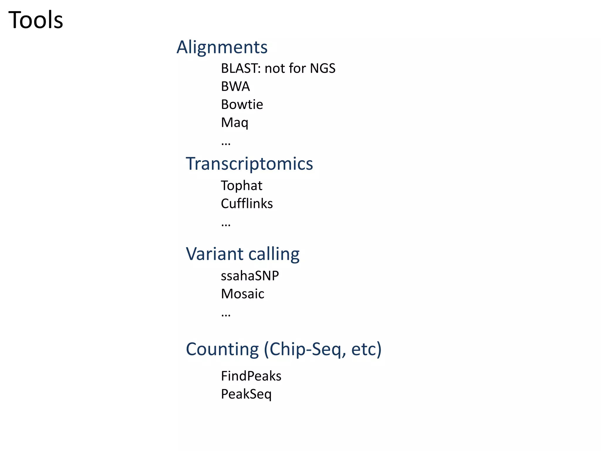 ToolsAlignmentsBLAST: not for NGSBWABowtieMaq…TranscriptomicsTophatCufflinks…Variant callingssahaSNPMosaic…Counting (Chip-Seq, etc)FindPeaksPeakSeq