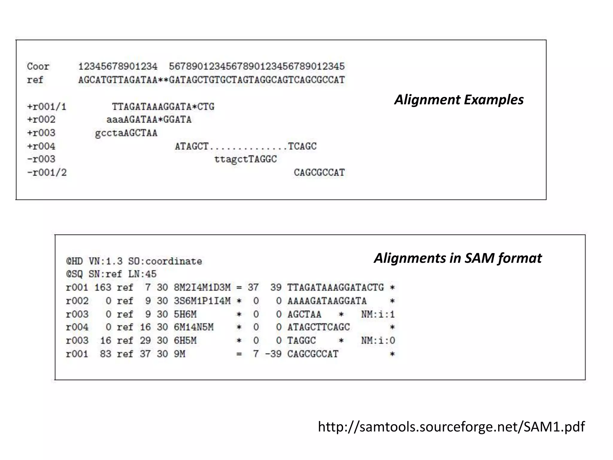 Alignment ExamplesAlignments in SAM formathttp://samtools.sourceforge.net/SAM1.pdf
