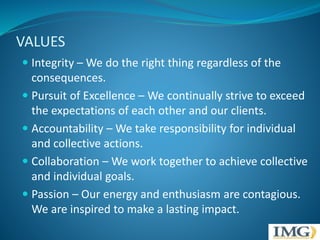 VALUES 
 Integrity – We do the right thing regardless of the 
consequences. 
 Pursuit of Excellence – We continually strive to exceed 
the expectations of each other and our clients. 
 Accountability – We take responsibility for individual 
and collective actions. 
 Collaboration – We work together to achieve collective 
and individual goals. 
 Passion – Our energy and enthusiasm are contagious. 
We are inspired to make a lasting impact. 
 