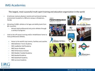 A technical, tactical, physical, mental and nutritional training environment located on a 400-acre campus in Bradenton, Florida Attracting 15,000+ athletes of all ages and ability levels from 80+ countries Attracts both professional and junior athletes through a variety of programs  Used as the off-season training and/or rehabilitation home to many professional athletes. Home to the world’s top trainers, facilities and coaches IMG Bollettieri Tennis Academy IMG Leadbetter Golf Academy IMG Soccer Academy IMG Performance Institute IMG Madden Football Academy IMG Baseball Academy IMG Basketball Academy IMG Lacrosse Academy IMG Academies The largest, most successful multi-sport training and education organization in the world 