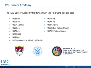 U14 Boys U15 Boys U15/16 USDA U16 Boys U17 Boys U18 USDA U19 Boys IMG Bradenton Academics  (PDL-USL) U16 Girls U17 Girls U18/19 Girls U15 Indian National Team U17 US National team IMG Soccer Academy The IMG Soccer Academy fields teams in the following age groups: 