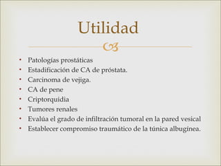 Utilidad
                       
•   Patologías prostáticas
•   Estadificación de CA de próstata.
•   Carcinoma de vejiga.
•   CA de pene
•   Criptorquidia
•   Tumores renales
•   Evalúa el grado de infiltración tumoral en la pared vesical
•   Establecer compromiso traumático de la túnica albugínea.
 