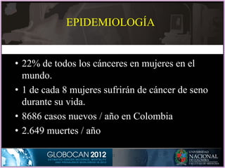 • 22% de todos los cánceres en mujeres en el
mundo.
• 1 de cada 8 mujeres sufrirán de cáncer de seno
durante su vida.
• 8686 casos nuevos / año en Colombia
• 2.649 muertes / año
EPIDEMIOLOGÍA
 